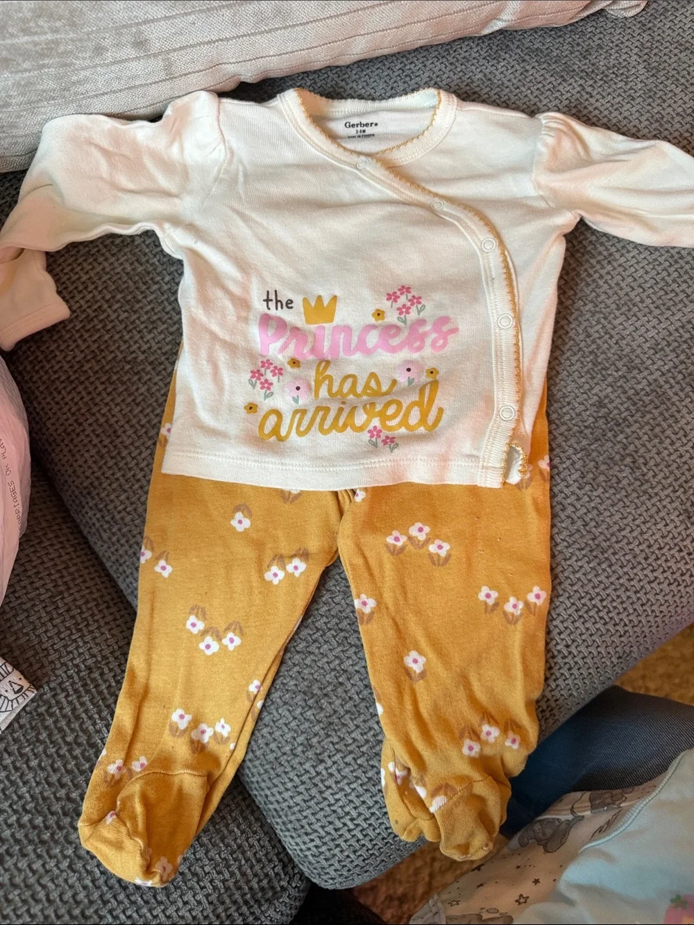 Gerber White Top and Mustard Floral Footed Baby Set